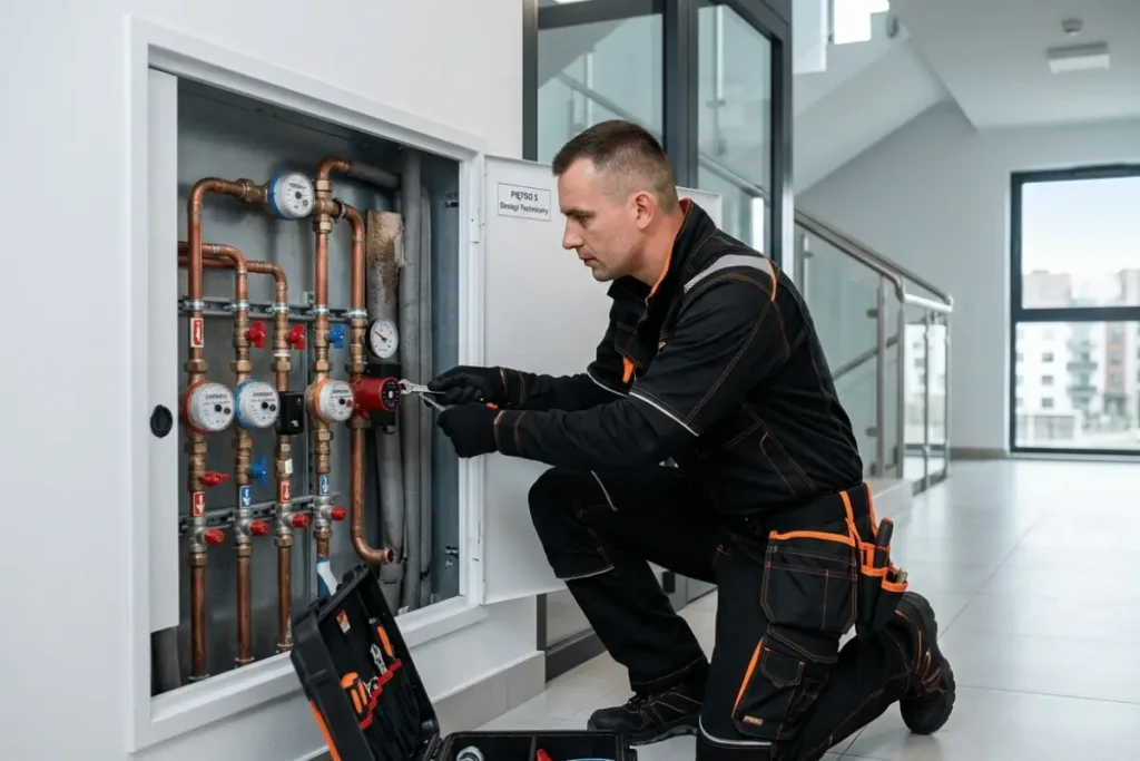 Pracownik techniczny kontrolujący instalację hydrauliczną podczas stałej obsługi budynku