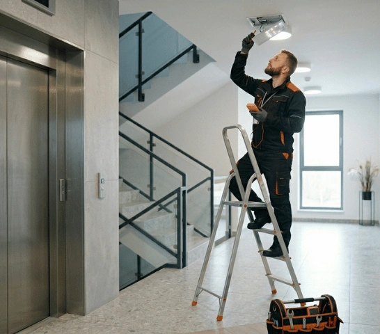 Pracownik techniczny kontrolujący oświetlenie na klatce schodowej w budynku wielorodzinnym