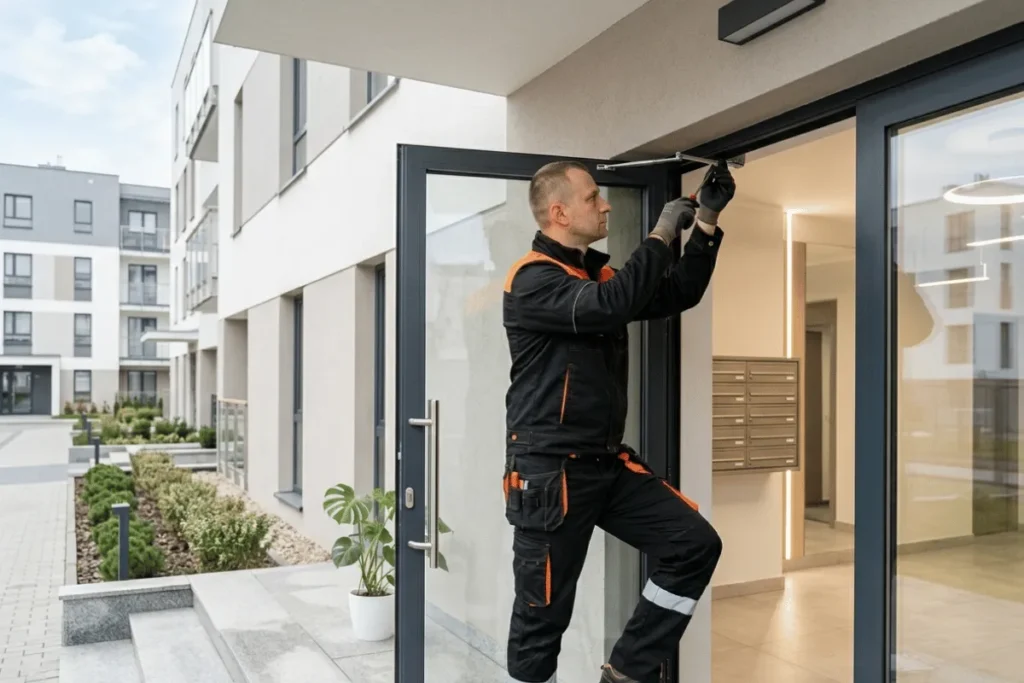 Pracownik techniczny regulujący drzwi wejściowe w nowoczesnym budynku mieszkalnym