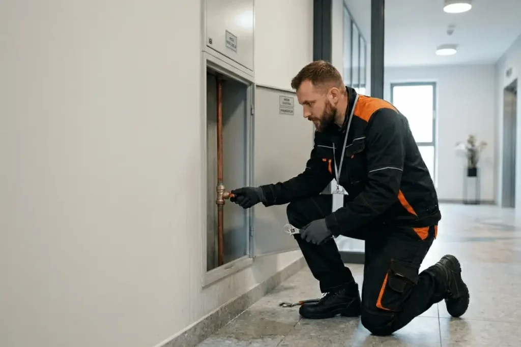 Pracownik techniczny sprawdzający instalację hydrauliczną w części wspólnej budynku