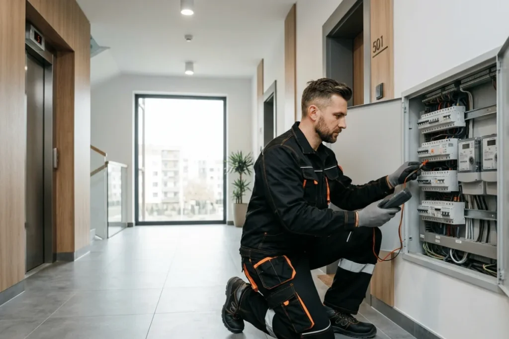 Serwisant kontrolujący instalację elektryczną w korytarzu budynku wielorodzinnego