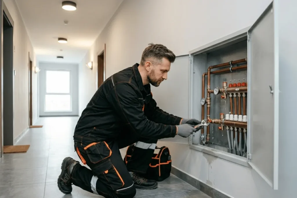 Serwisant kontrolujący instalację hydrauliczną we wspólnocie mieszkaniowej w Lublinie