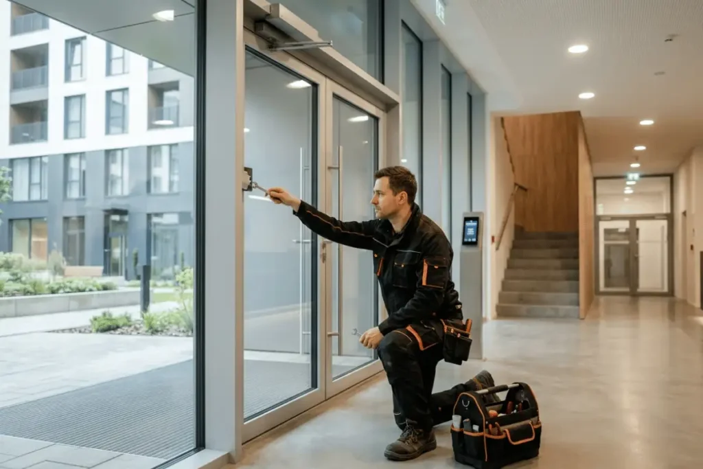 Serwisant regulujący drzwi wejściowe w części wspólnej nowoczesnego budynku