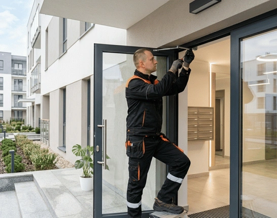 Serwisant regulujący drzwi wejściowe w nowoczesnej wspólnocie mieszkaniowej w Lublinie