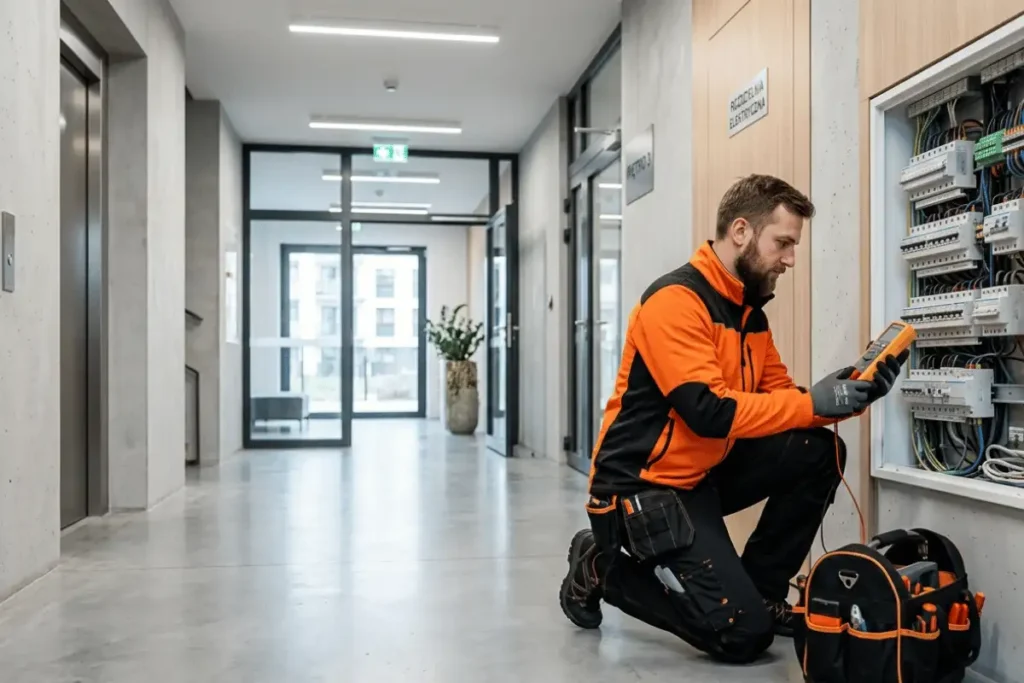 Technik kontrolujący rozdzielnię elektryczną w budynku mieszkalnym w Lublinie