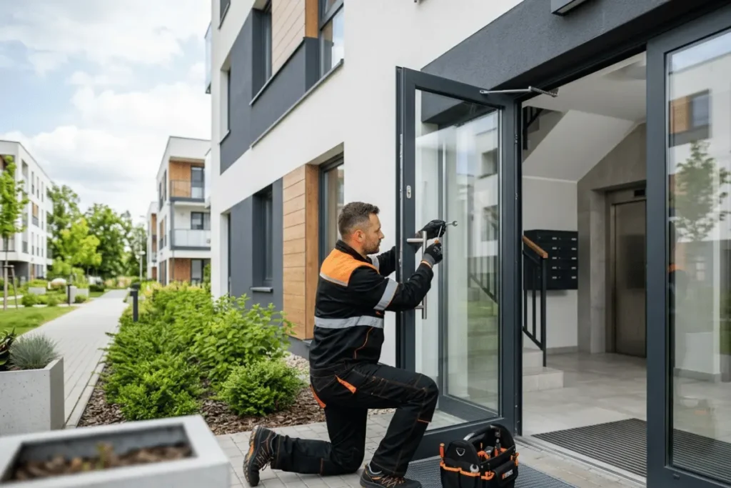 Technik naprawiający drzwi wejściowe w nowoczesnej wspólnocie mieszkaniowej w Lublinie