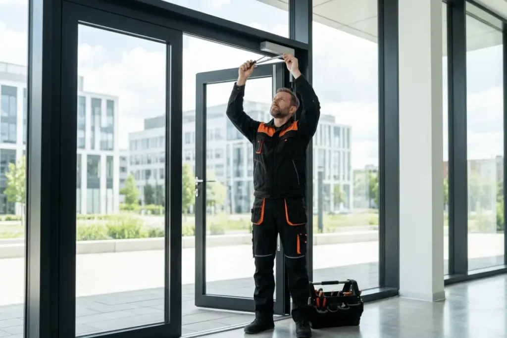 Technik regulujący drzwi wejściowe w nowoczesnym budynku mieszkalnym w Lublinie