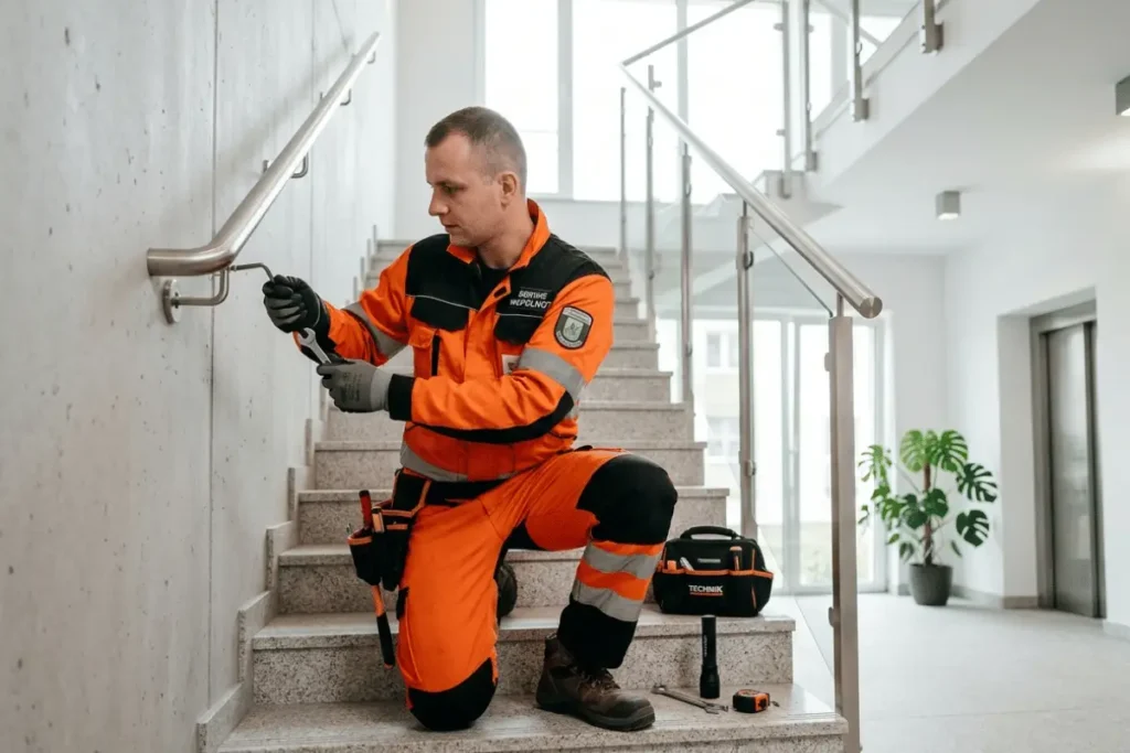 Technik regulujący poręcz na klatce schodowej w nowoczesnym budynku wielorodzinnym