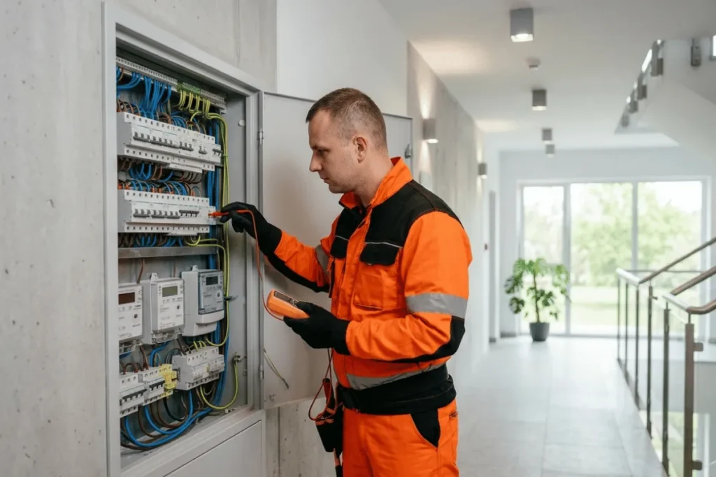 Technik sprawdzający instalację elektryczną w części wspólnej nowoczesnego budynku