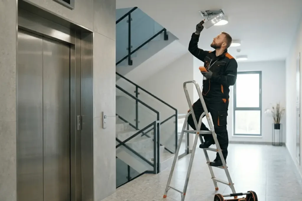 Technik sprawdzający oświetlenie na klatce schodowej w budynku mieszkalnym