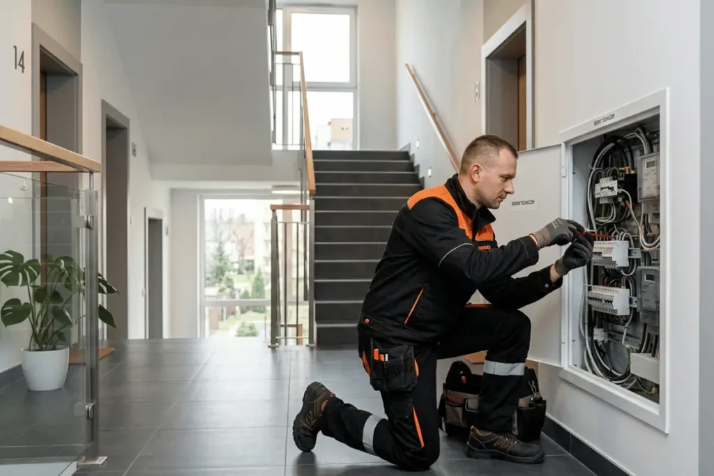 Technik sprawdzający rozdzielnię elektryczną w części wspólnej wspólnoty mieszkaniowej w Lublinie