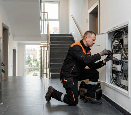 Technik sprawdzający rozdzielnię elektryczną w nowoczesnym budynku mieszkalnym w Lublinie