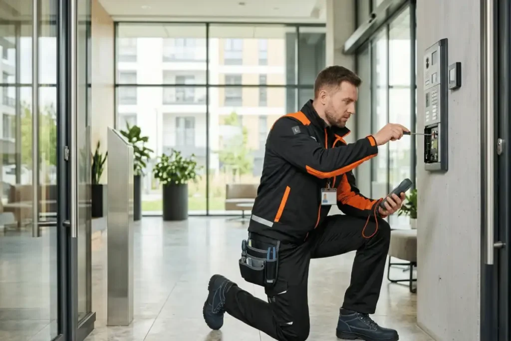 Technik wykonujący prace przy domofonie w nowoczesnym budynku mieszkalnym w Lublinie