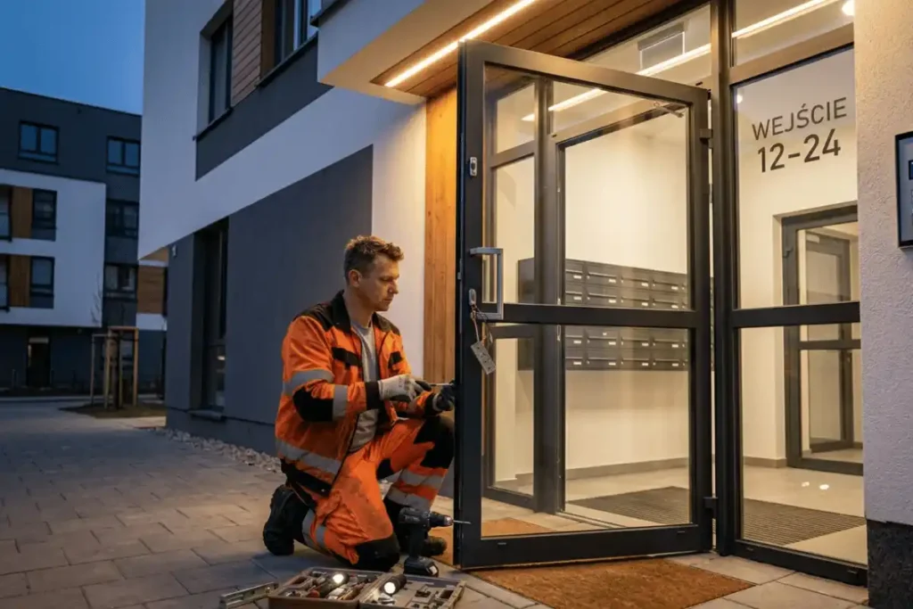 naprawa drzwi wejściowych do budynku przez pogotowie techniczne dla wspólnot mieszkaniowych