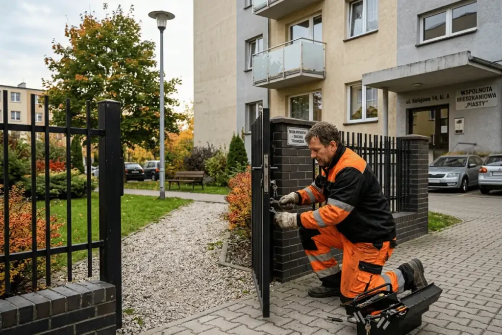 naprawa furtki wejściowej na osiedlu przez obsługę techniczną wspólnoty mieszkaniowej