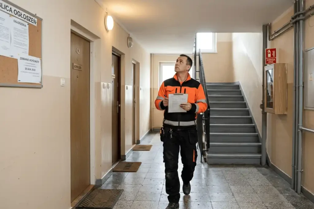 pracownik obsługi technicznej nieruchomości podczas kontroli części wspólnych budynku