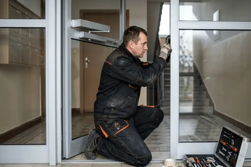 serwis drzwi wejściowych do klatki schodowej w ramach obsługi technicznej budynku
