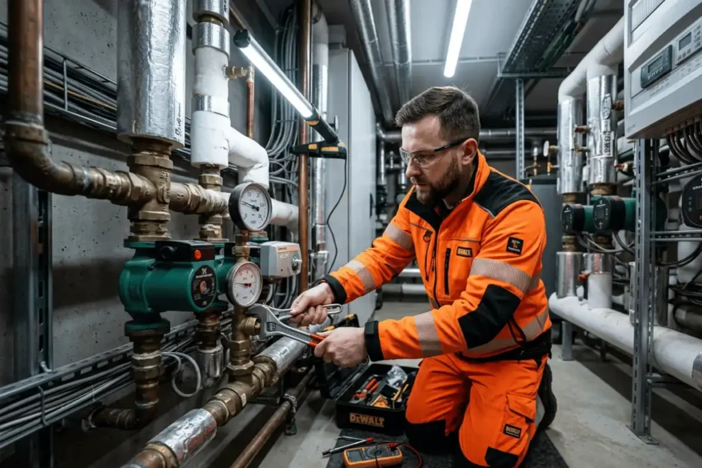 technik pogotowia technicznego usuwa usterkę instalacji w budynku wielorodzinnym w Lublinie