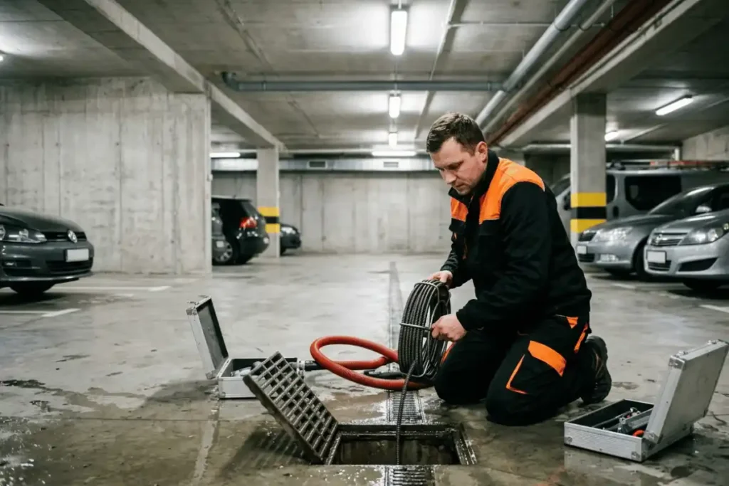 udrażnianie odpływu w garażu podziemnym przez pogotowie techniczne Lublin