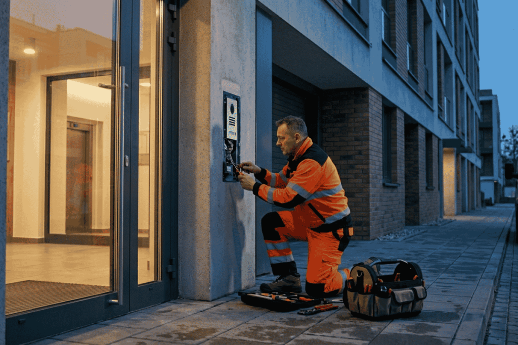 interwencja-techniczna-na-telefon-przy-wejsciu-do-budynku-lublin