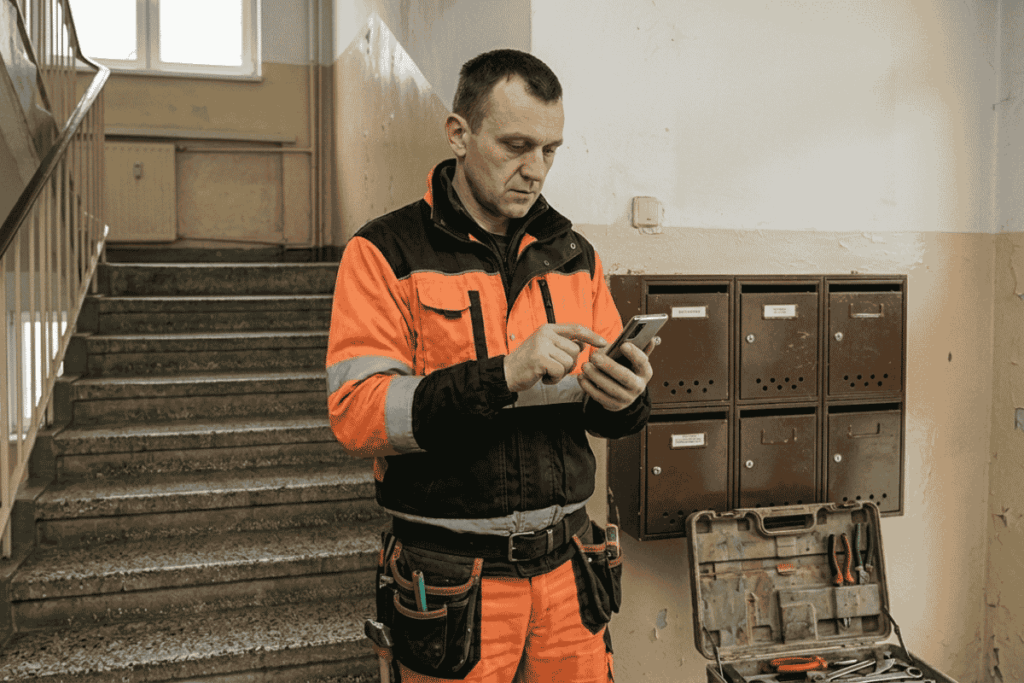 technik-otrzymuje-zgloszenie-usterki-w-budynku-wielorodzinnym