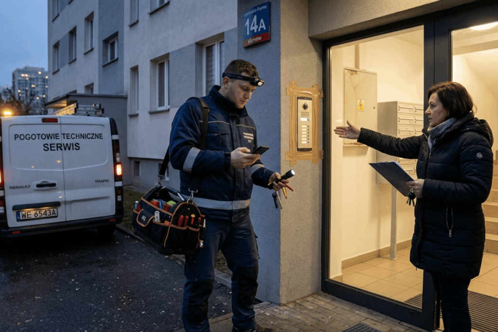 Technik pogotowia technicznego i administrator lokalizują awarię w części wspólnej budynku