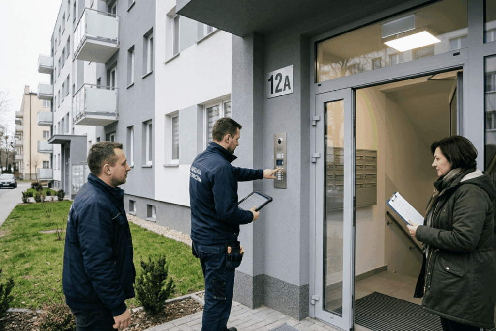 Technik sprawdza domofon, drzwi wejściowe i oświetlenie zmodernizowanego budynku wielorodzinnego