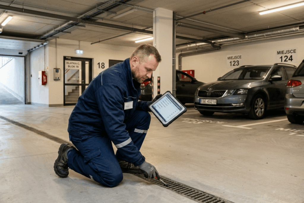 Technik wykonuje profilaktyczny przegląd drzwi i oświetlenia w budynku wielorodzinnym