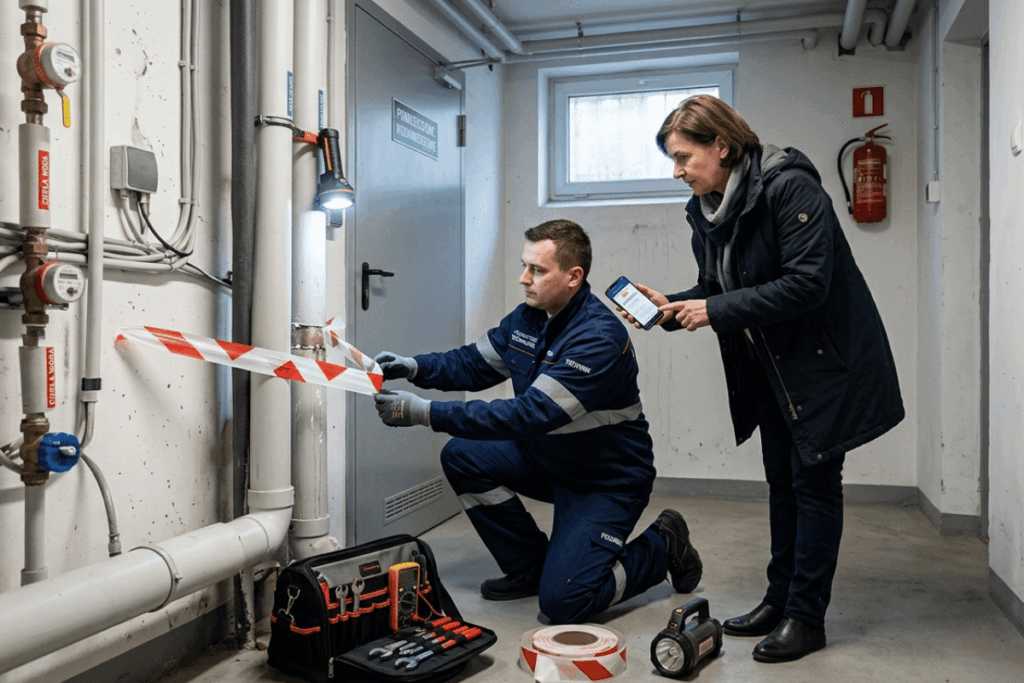 Technik zabezpiecza niewielką awarię instalacji w części technicznej budynku wielorodzinnego