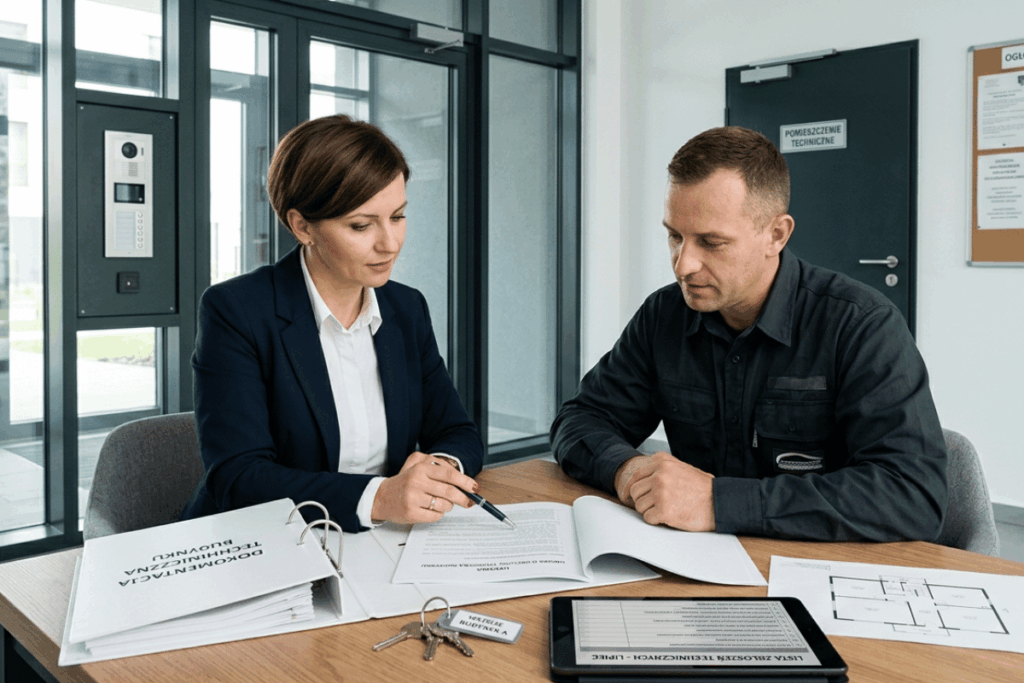 Zarządca i przedstawiciel firmy technicznej analizują umowę dotyczącą obsługi budynku