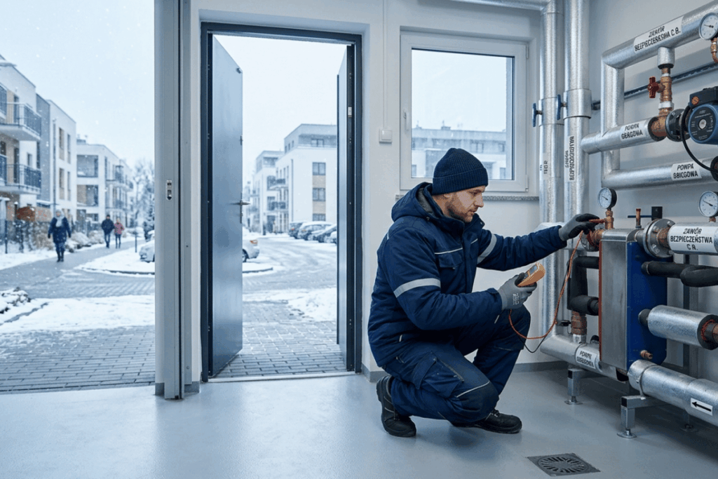 Technik wykonujący kontrolę instalacji grzewczej i technicznej przed sezonem zimowym