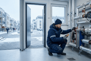 Technik wykonujący kontrolę instalacji grzewczej i technicznej przed sezonem zimowym