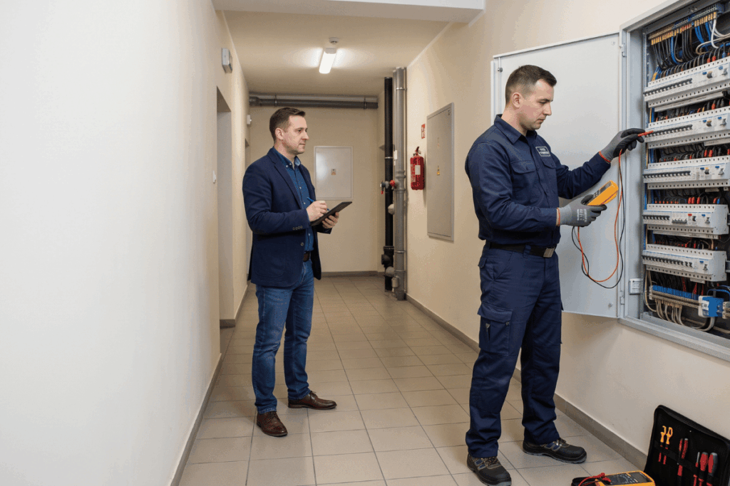 Elektryk sprawdzający wybijające bezpieczniki w części wspólnej budynku